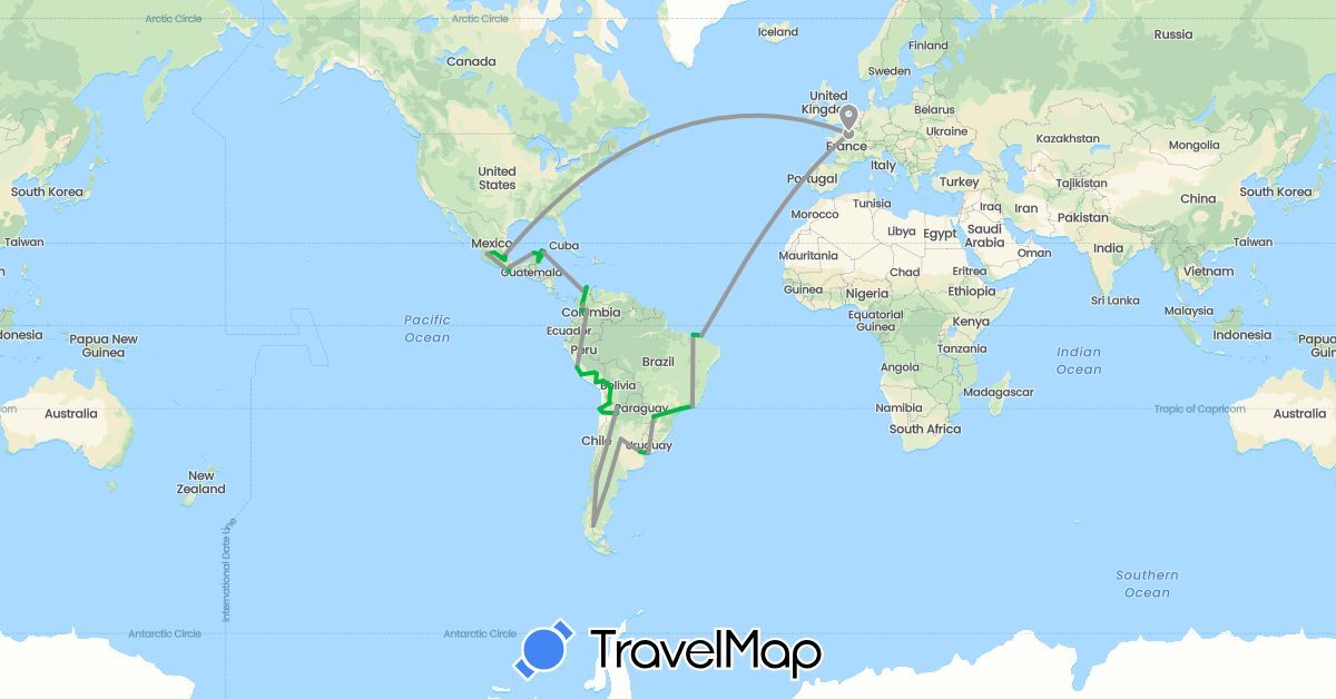 TravelMap itinerary: driving, bus, plane in Argentina, Bolivia, Brazil, Chile, Colombia, France, Mexico, Peru, Uruguay (Europe, North America, South America)